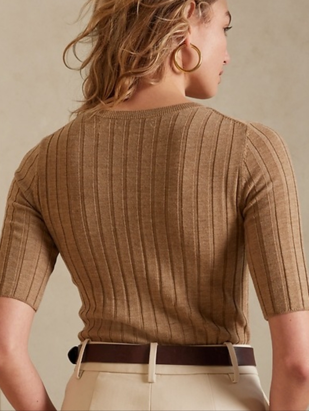 BR Extra Fine Merino Wool Ribbed Short Sleeve Knit Top